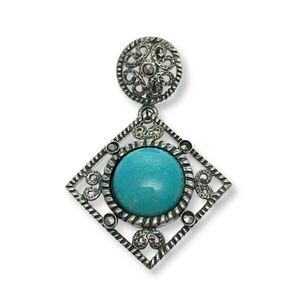 Vintage RC Sterling Silver 925 Ornate Blue Persian Turquoise Marcasite Pendant